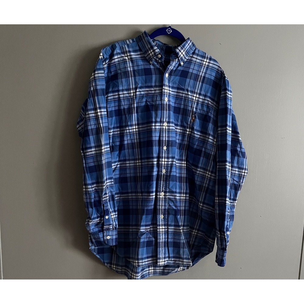 Ralph Lauren Mens Button Down Shirt Large Tall Blue‎ Plaid Preppy Workwear Pony